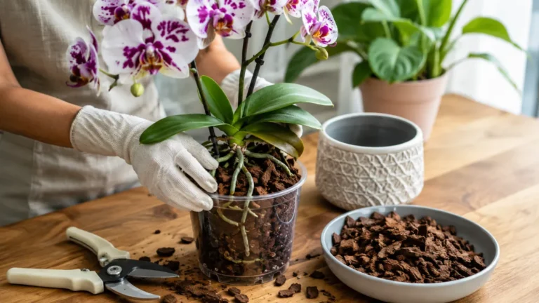 Healthy Phalaenopsis orchid being repotted into fresh orchid bark mix.