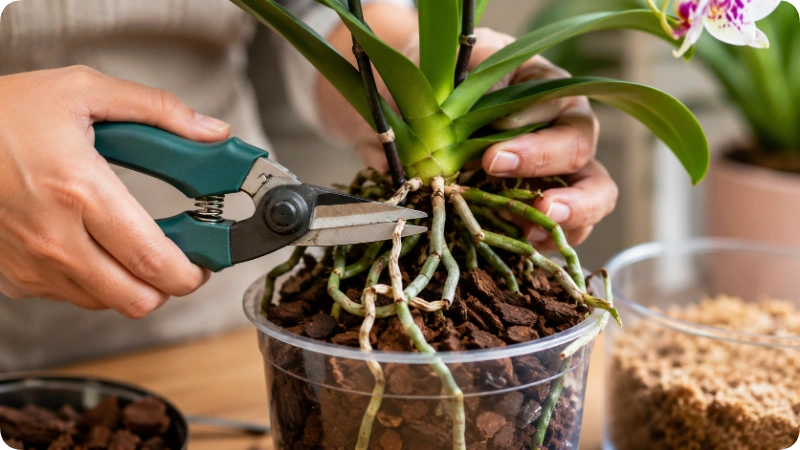 Removing old bark while repotting an orchid.